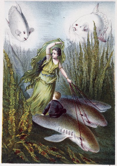 Kobieta i chłopiec uciekający przed gigantycznymi rybami na rekinach - w "Podróży na dno morza" H. de la Blanchère. Paryż, wyd. Jouvet et Cie, sd. 1880. (podwójne 02944) autorstwa French School