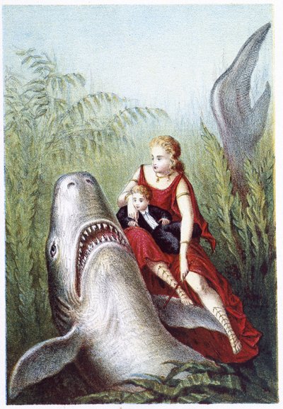 Kobieta i chłopiec jadący na rekinie – w „Podróży na dno morza” H. de la Blanchère. Paryż, wyd. Jouvet et Cie, sd. 1880. (podwójny 02943) autorstwa French School
