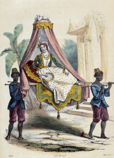Kobieta niesiona w palankinie przez 2 służących; ilustracja dla Azji, w „Dwunastu narodach” autorstwa ME Fouinet autorstwa French School