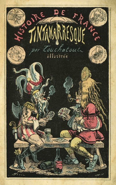 Kobieta w peruce z piór i mężczyzna z kreskówki o Galach podczas gry w karty. Okładka "Histoire de France Tintamarresque", komiksy autorstwa Touchatout, Paryż autorstwa French School