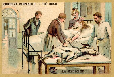 Kobieta otrzymująca transfuzję krwi od kozy (chromolitho) autorstwa French School