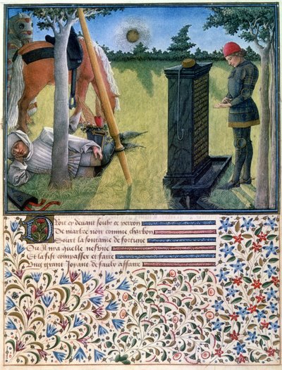 Młody rycerz stoi przed nagrobkiem, podczas gdy jego sługa śpi przy ich koniach, z Livre du Coeur dAmours Espris autorstwa Rene dAnjou, 1465 autorstwa French School