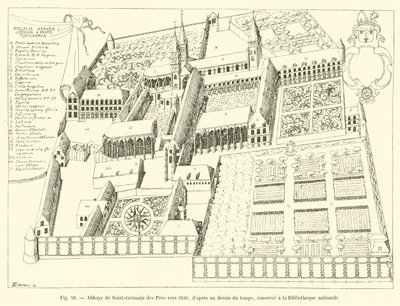 Opactwo Saint-Germain des Pres około 1630 r., z ówczesnego rysunku, przechowywanego w Bibliotece Narodowej autorstwa French School