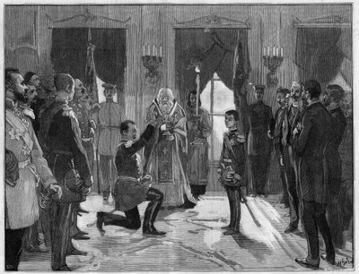 Abdykacja króla Mediolanu I Serbii (1854-1901), 7 marca 1889: były król składa przysięgę posłuszeństwa i wierności swojemu synowi, Aleksandrowi I Serbii (1876-1903), za którego właśnie abdykował. Grawerowanie w „”Le Monde Illustré””n°1666 z 2 marca autorstwa French School