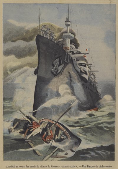 Przypadkowe zatonięcie łodzi rybackiej przez francuski krążownik pancerny Admiral Aube podczas prób prędkości (kolor lito) autorstwa French School