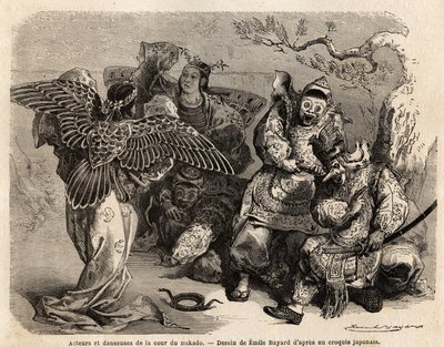 Aktorzy i tancerze dworu Mikado w kostiumach scenicznych. Rycina ilustrująca podróż do Japonii w latach 1863-1864, autorstwa Aime Humberta, ministra Konfederacji Szwajcarskiej, w "Le tour du monde, nouveau journal des voyages", opublikowanym pod kierunkiem autorstwa French School