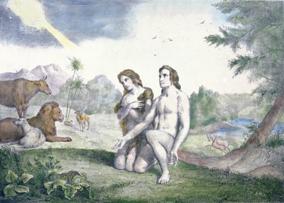 Adam i Ewa w ogrodzie Eden, koniec XIX wieku (kolororyt) autorstwa French School