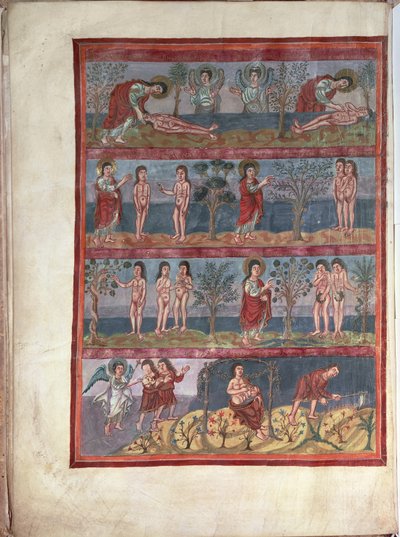 Add.10546 f.5v Adam i Ewa, z Biblii Moutier-Grandval, iluminowane w opactwie karolińskim św. Marcina, Tours, łac., ok. 834-843 (welum) autorstwa French School