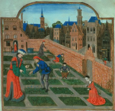 Dodaj 19720 f.165 Otoczony murem ogród miejski, z „Livre des Profits Ruraux” Pietro de Crescenzi (1230-1320) (welum) autorstwa French School