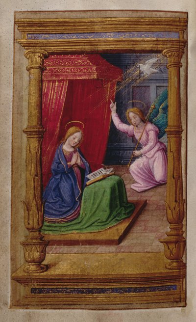 Dodaj 35214 f.29v Zwiastowanie, z Księgi Godzin, Paryż autorstwa French School
