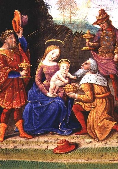 Dodaj 35214 f.62v Adoracja Trzech Króli, z Księgi Godzin, Paryż autorstwa French School