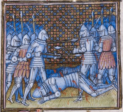 Dodać. 38659 fol.170 Śmierć Sir Johna Chandosa. Średniowieczna bitwa, iluminacja z „Chroniques de France et D