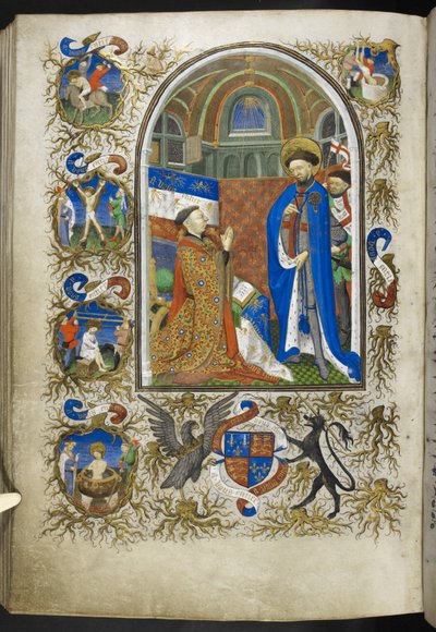 Dodaj Ms 18850 f.256v, Duke of Bedford przed St George, z Book of Hours (The Bedford Hours) c.1410-30 (tusz, kolor i złoto na welinie) autorstwa French School