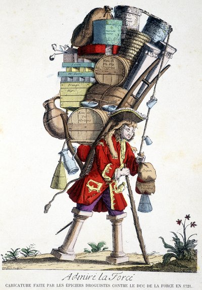 Podziwiaj siłę. Karykatura zrobiona przez aptekarzy przeciwko księciu Mocy w 1721 roku. autorstwa French School