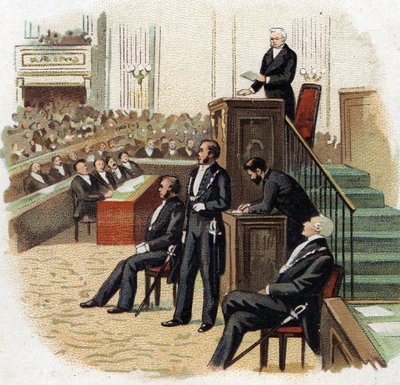 Adolphe Thiers (1797-1877), Prezydent Republiki na podium Zgromadzenia Narodowego w 1872 r. - Chromolitografia (Chromo) początku XX wieku. autorstwa French School