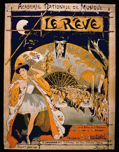 Reklama musicalu The Dream w Academie Nationale de Musique, grawerowana przez Gillota, ok. 1890 (kolor grawerowany) autorstwa French School