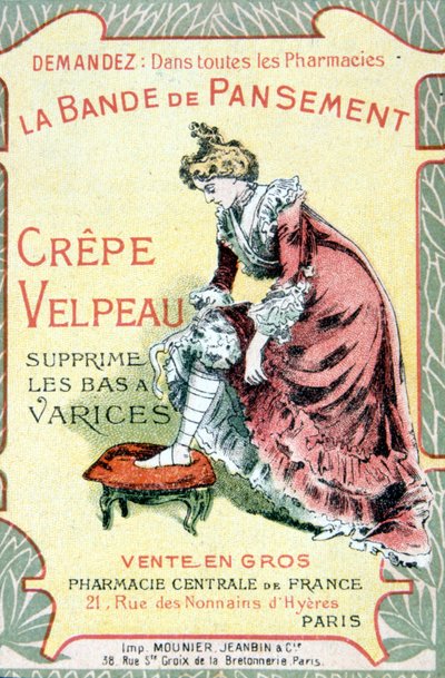 Karta reklamowa „Opatrunek z krepy Velpeau usuwa pończochy od żylaków”. Św. 19 wiek. autorstwa French School
