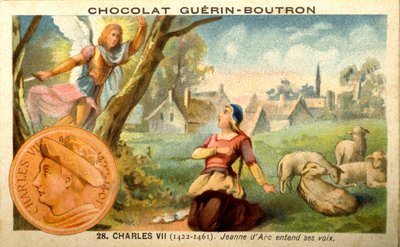 Chromolitografia reklamowa czekoladek Guerin Boutron, król Karol VII w latach 1422-1461. Joanna d