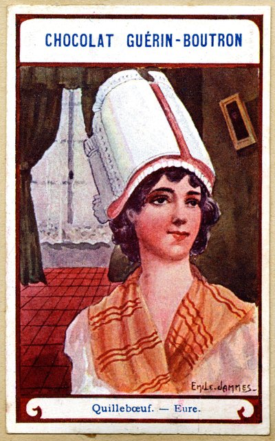 Chromolitografia reklamowa czekoladek Guerin Boutron, nakrycia głowy z regionów Francji, Quillebœuf, Eure, ilustracja Emile Jammes (chromolitografia) autorstwa French School