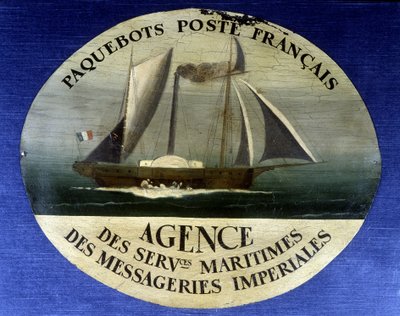 Szyld reklamowy francuskiego liniowca pocztowego, agencji usług morskich kurierów cesarskich - malowanie na drewnie, koniec XIX w. autorstwa French School