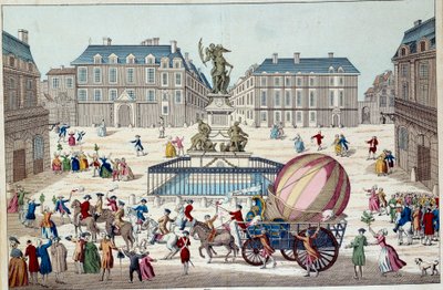 Aerostat: druga próba lotu balonem. Cały aerostatyczny glob Karola i Roberta w Paryżu, po podróży balonem na gaz wodorowy, 12.02.1783. Anonimowa rycina z XVIII w. Paryż, sztuka dekoracyjna autorstwa French School
