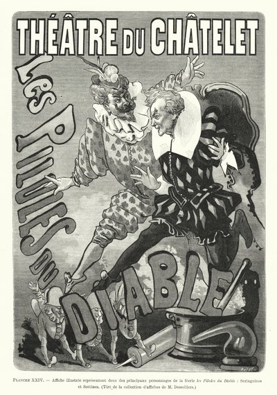 Ilustrowany plakat przedstawiający dwóch głównych bohaterów bajki Les Pilules du Diable, Seringuinos i Sottinez (grafika) autorstwa French School