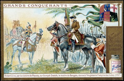 Po zwycięstwie Plasseya nad Surajah Dolah (Suraj Ud-daula lub Ud Daula Ud Daulah lub Ud-Daulah), mistrz Bengalu dał Anglii Imperium Indii w 1757 roku. XIX-wieczna chromolitografia liebig. autorstwa French School
