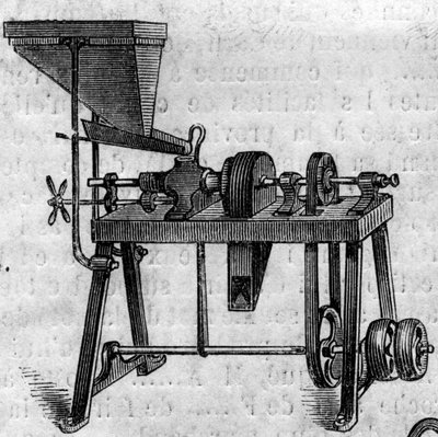Maszyna rolnicza: mały młyn na Wystawie Rolniczej w Paryżu w 1860 roku. Grawer w „”Le Monde Illustré””n¡168 z 30 czerwca 1860 r. autorstwa French School