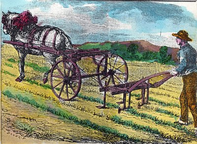Rolnictwo: jedna z pierwszych mechanicznych maszyn do opielania, z napędem zwierzęcym, zastosowana na polu buraczanym autorstwa French School