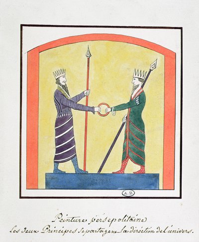 Ahura Mazda i Angra Mainyu spierają się o świat, kopia fryzu z Persepolis autorstwa French School