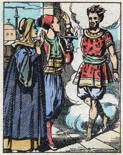 Aladin i jego matka potarli magiczną lampę i sprawili, że pojawił się dżin. Grawerowanie bajki z tysiąca i jednej nocy „”Aladyn i cudowna lampa””. Obrazowanie epinal, koniec XIX wieku. Prywatna kolekcja. autorstwa French School
