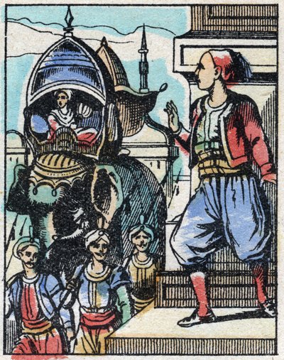 Aladin zakochuje się w córce sułtana. Grawerowanie bajki z tysiąca i jednej nocy „”Aladyn i cudowna lampa””. Obrazowanie epinal, koniec XIX wieku. Prywatna kolekcja. autorstwa French School