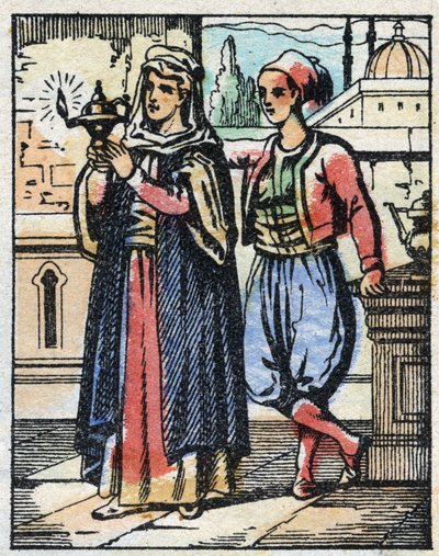 Aladin nosi magiczną lampę swojej matce. Grawerowanie bajki z tysiąca i jednej nocy „”Aladyn i cudowna lampa””. Obrazowanie epinal, koniec XIX wieku. Prywatna kolekcja. autorstwa French School