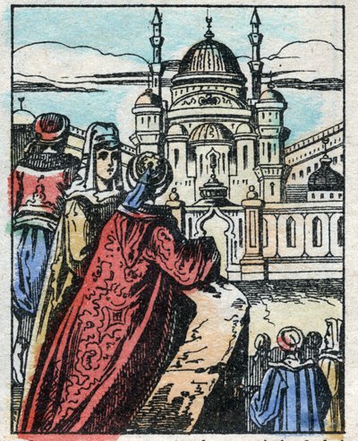 Aladin życzy Genie, aby wybudował okazały pałac naprzeciwko pałacu sułtana. Grawerowanie bajki z tysiąca i jednej nocy „”Aladyn i cudowna lampa””. Obrazowanie epinal, koniec XIX wieku. Prywatna kolekcja. autorstwa French School