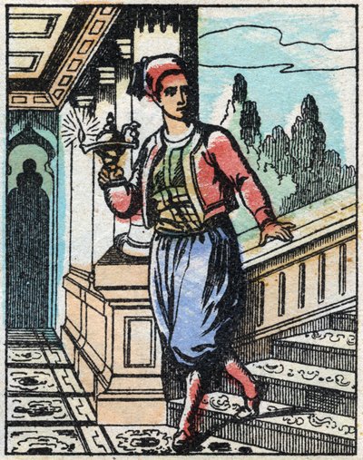 Aladin z magiczną lampą nie znajduje już swojej drogi. Grawerowanie bajki z tysiąca i jednej nocy „”Aladyn i cudowna lampa””. Obrazowanie epinal, koniec XIX wieku. Prywatna kolekcja. autorstwa French School