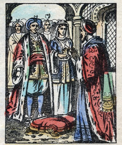 Ślub Aladyna z córką sułtana. Grawerowanie bajki z tysiąca i jednej nocy „”Aladyn i cudowna lampa””. Obrazowanie epinal, koniec XIX wieku. Prywatna kolekcja. autorstwa French School