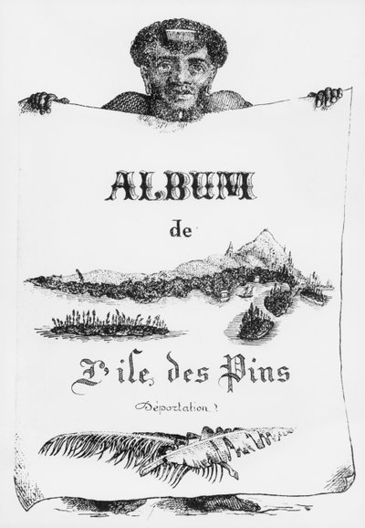 Album Isle of Pines, Nowa Kaledonia, deportacja, ilustracja na okładce, 1877 (bw litho) autorstwa French School