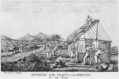 Album Isle of Pines, budowa chaty ze słomy przez przesiedleńców, 1878-79 autorstwa French School