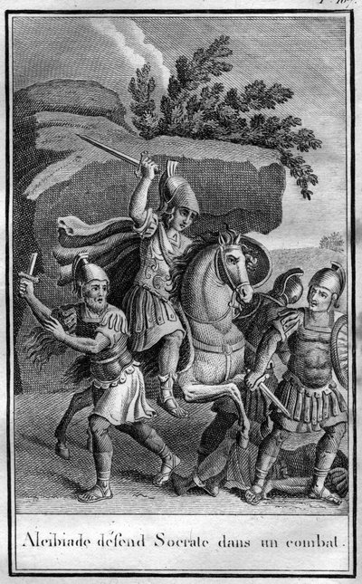 Alcybiades (450-404 pne), ateński mąż stanu i strategia broni Sokratesa w walce. W „”Piękności starożytnej historii lub pamiętnych faktów i powiedzeń wielkich ludzi”” autorstwa French School