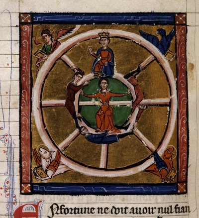 Aleksander III Wielki (356-323 pne) siedzący na kole fortuny otacza Tetramorfa. Miniatura rękopisu „Histoire ancienne à la Cesar” ok. 1260-1270 napisana przez urzędnika dworu Rogera IV, kasztelana z Lille (120 autorstwa French School