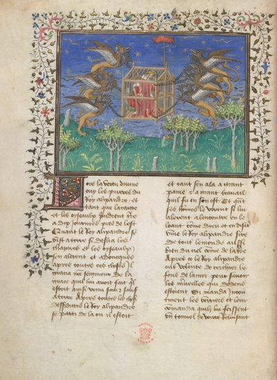 Maszyna latająca napędzana gryfem Aleksandra, ok. 1420-25 (kolor na pergaminie) autorstwa French School