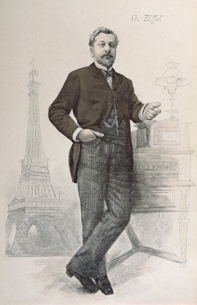 Alexandre Gustave Eiffel pozujący przy biurku z rysunkiem Tour Eiffel, ilustracja z La Revue Illustree, 1888 autorstwa French School
