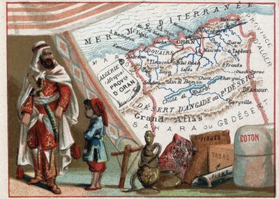Algierii w Afryce i Prowincji Oran we Francji. Seria o francuskich departamentach. Importer Fig, Bawełny, Tytoniu, Agaty i Ołowiu. Chromolitografia (Chromo) „”nić geograficzna””, ok. 1920 r. Ze zbiorów prywatnych. autorstwa French School