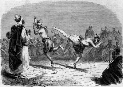 Zwyczaj algierski: taniec arabski. Rysunek p. Rigo, na podstawie szkicu p. Amelera, dowódcy batalionu. Grawer w „”Le Monde Illustré””n°86 z dnia 11 grudnia 1858 r. autorstwa French School