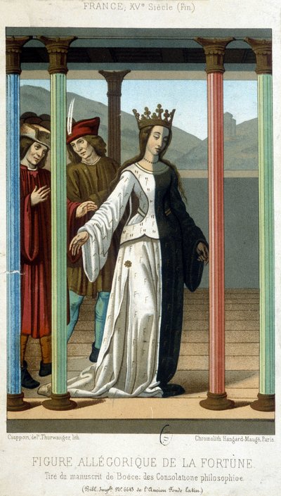 Alegoryczna postać fortuny - z rękopisu Boecjusza „Pociechy filozoficzne”, koniec XV w. autorstwa French School
