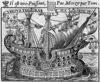 Alegoria władzy francuskiej: „Okręt państwa”, symbol Francji, również przypomina broń miasta Paryż. Fragment „Livre des monnoyes etrangeres ou le grand banker de France” (1687) autorstwa Francois Barreme (1638-1703), francuskiego matematyka. Eng autorstwa French School