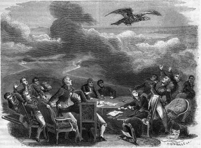 Alegoria zakończenia Kongresu Wiedeńskiego w 1815 r. - niezwykłe wzburzenie dyplomatów uczących się wysiadania Napoleona - w „Historii cesarstwa śladami dziejów konsulatu” Adolphe Thiers - 1879 - zbiory prywatne autorstwa French School