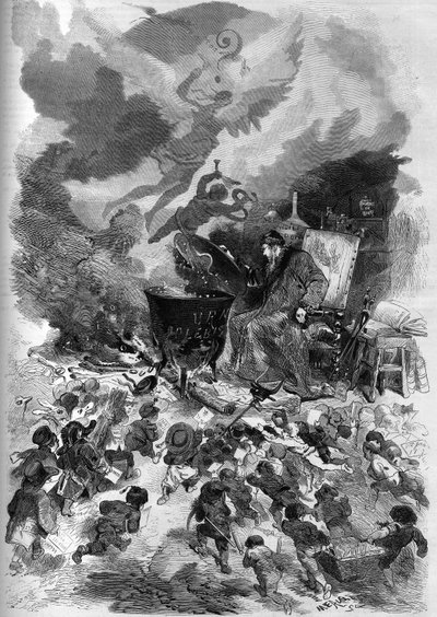 Alegoria plebiscytu Napoleona III w 1870 roku. Plebiscytowa urna wyborcza staje się garnkiem, w którym gotuje się głosowanie powszechne. Ogień zasila martwe drewno starego drzewa konstytucji francuskiej. Grawerowanie autorstwa Edmonda Morina w „” The Illus autorstwa French School