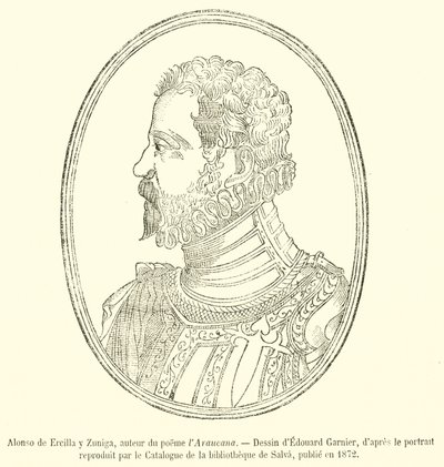 Alonso de Ercilla y Zuniga, autor wiersza Araucana (grafika) autorstwa French School