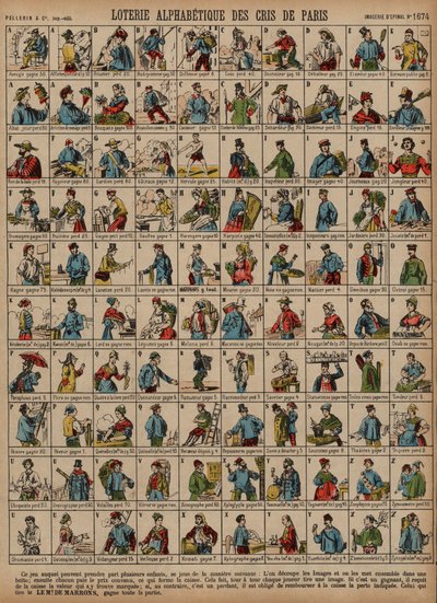 Alfabetyczna loteria Krzyków Paryża (kolorowy grawerunek) autorstwa French School